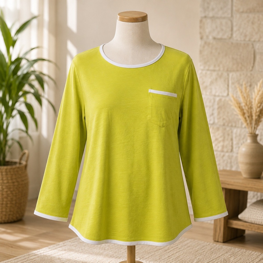 Sport Savvy Long Sleeve Top Womens Medium Lime Green White Trim Pocket